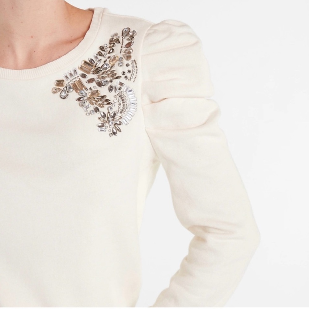EXPRESS Jewel embellished cream puff sleeve sweatshirt